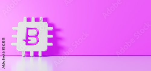 3D rendering of white symbol of bitcoin chip icon leaning on color wall with floor reflection with empty space on right side
