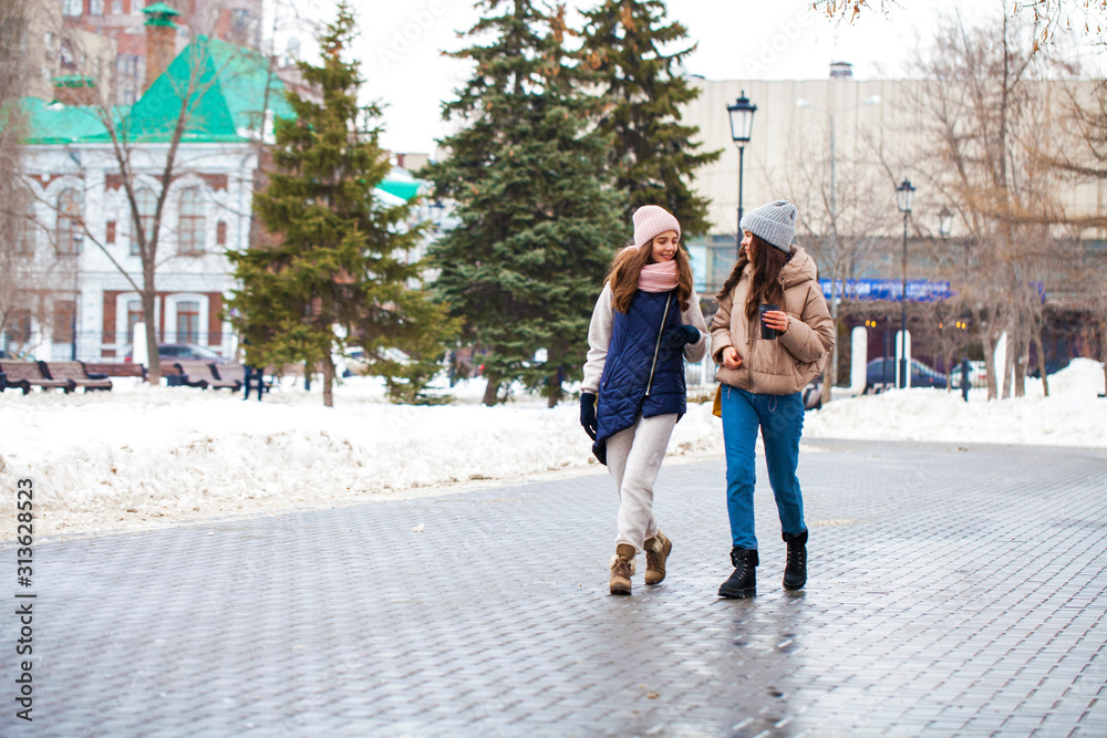Full-length portrait of two young girls walking in a winter park Full-length portrait of two young girls walking in a winter park