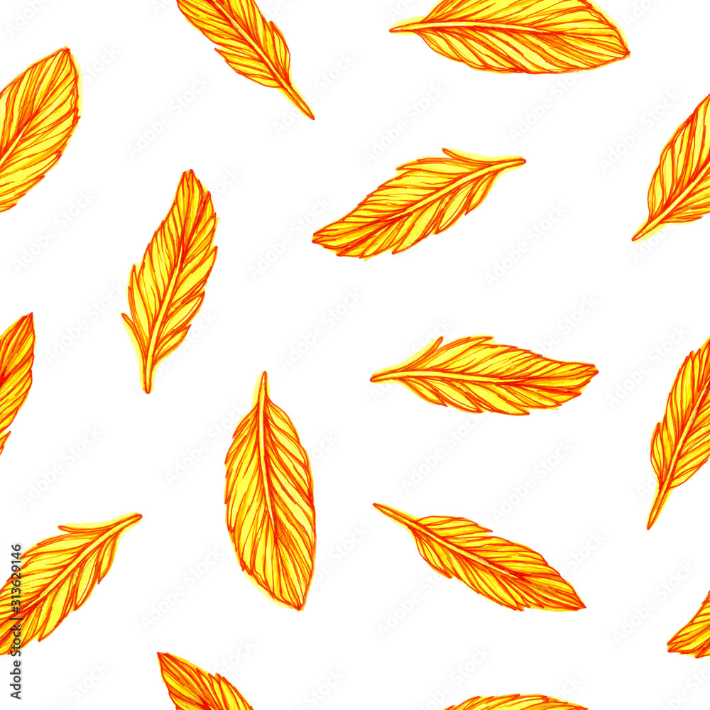 Set of yellow feathers on an isolated white background. Feathers are drawn by hand with markers and inserts. Bright and summer illustration. Set of yellow feathers on an isolated white background. Feathers are drawn by hand with markers and inserts. Bright and summer illustration.