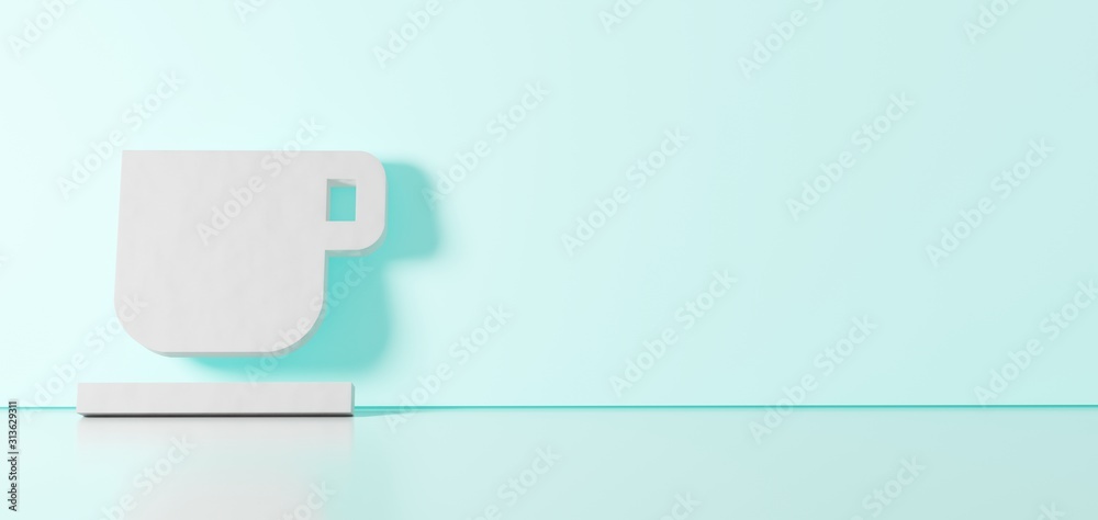 3D rendering of white symbol of coffee mug icon leaning on color wall with floor reflection with empty space on right side