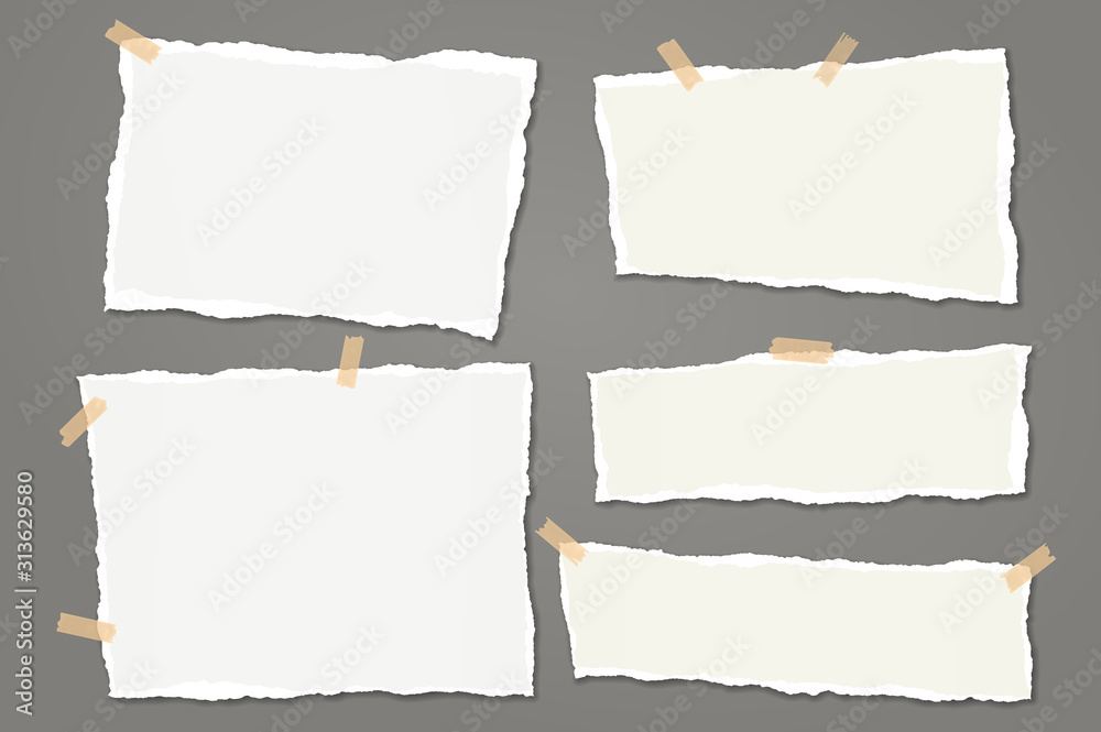 Set of torn white note, notebook paper strips and pieces with soft shadow stuck with sticky tape on dark grey background. Vector illustration