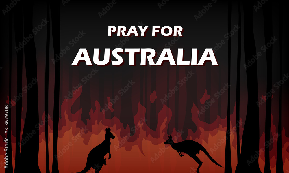 Pray for Australia banner, forest in burning fire with kanggaroos silhouette. Pray for Australia banner, forest in burning fire with kanggaroos silhouette.