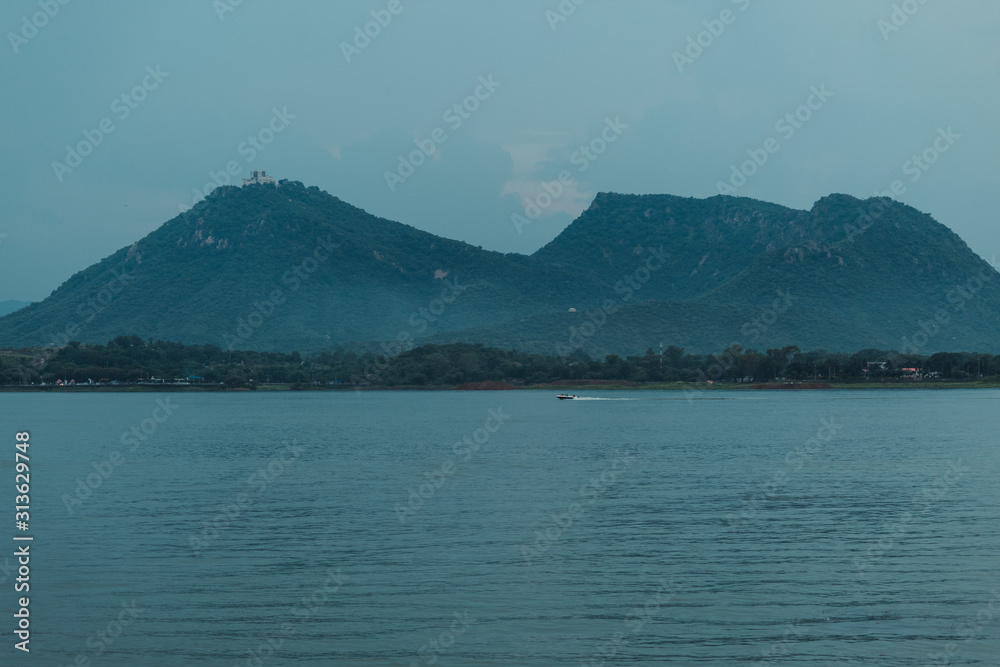 View of the Fateh Sagar Lake in Udaipur, Rajasthan, India