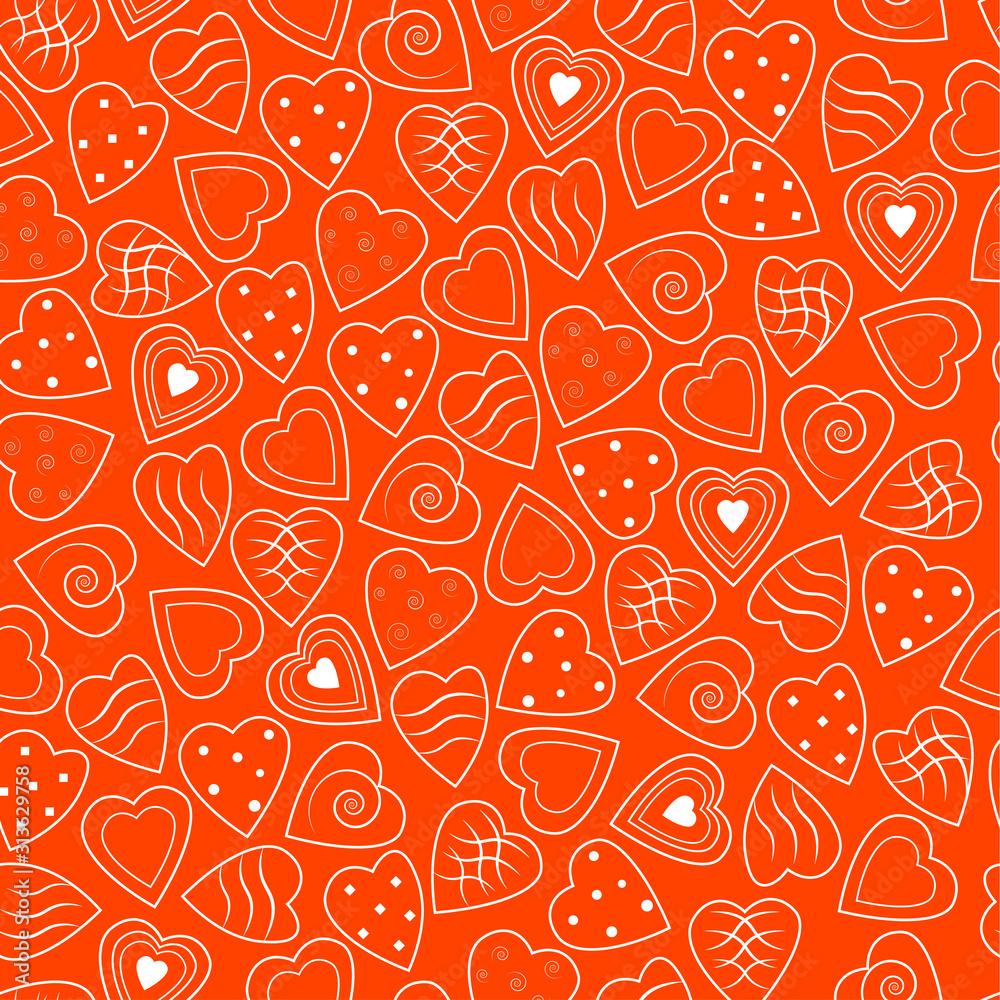 Valentine's day seamless pattern. White hearts on lush lava background. Color trend 2020 year. Vector illustration in a flat style. Valentine's day seamless pattern. White hearts on lush lava background. Color trend 2020 year. Vector illustration in a flat style.