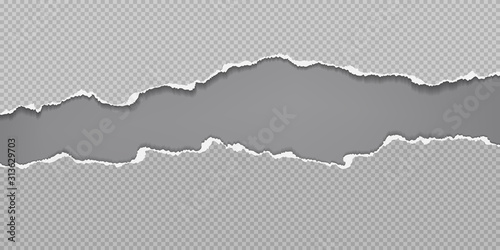 Pieces of torn horizontal squared paper pieces with soft shadow are on dark grey background for text. Vector illustration