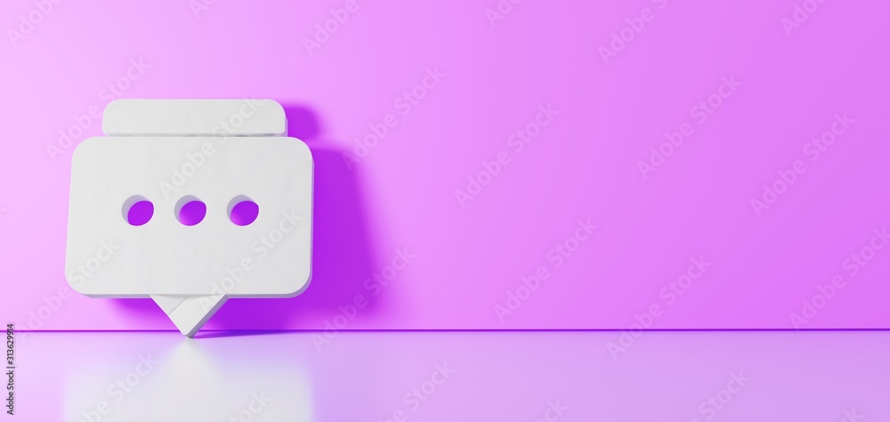 3D rendering of white symbol of two rounded chat bubbles icon leaning on color wall with floor reflection with empty space on right side