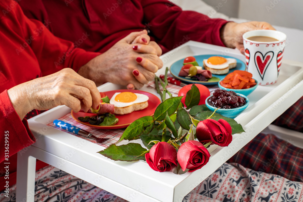 Endless love breakfast at the bed at the valentine’s day. Breakfast