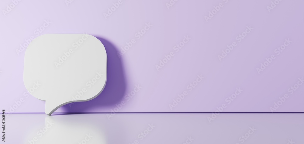 3D rendering of white symbol of rounded chat bubble icon leaning on color wall with floor reflection with empty space on right side 3D rendering of white symbol of rounded chat bubble icon leaning on color wall with floor reflection with empty space on right side