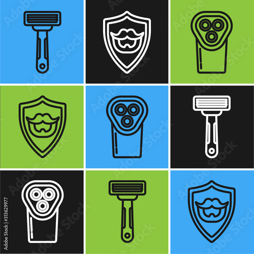 Set line Shaving razor, Electrical hair clipper or shaver and Mustache and beard on shield icon. Vector