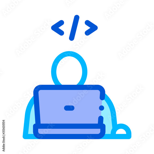 Programmer Coding Laptop Vector Thin Line Icon. Write Coding System, Data Encryption Linear Pictogram. Web Development, Programming Languages, Bug Fixing, HTML, Script Contour Illustration