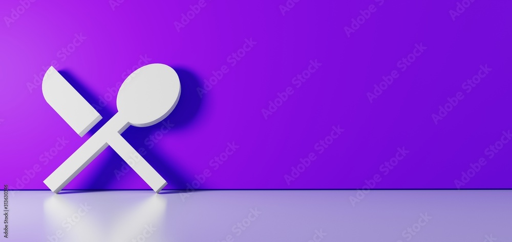 3D rendering of white symbol of cutlery icon leaning on color wall with floor reflection with empty space on right side 3D rendering of white symbol of cutlery icon leaning on color wall with floor reflection with empty space on right side
