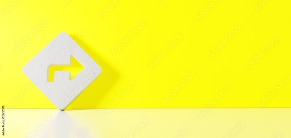 3D rendering of white symbol of directions icon leaning on color wall with floor reflection with empty space on right side 3D rendering of white symbol of directions icon leaning on color wall with floor reflection with empty space on right side