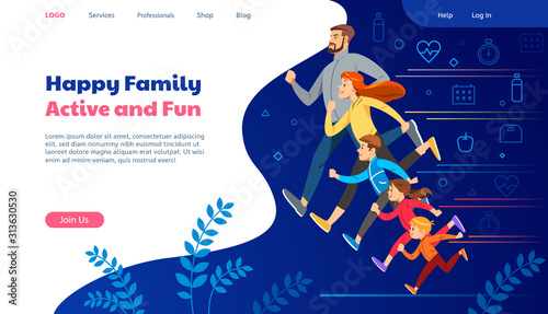 Big family jogging. Home page site banner. Exercise people modern illustration. Illustration slide for website about sports, running and healthy lifestyle. Running sports. Concept of friendly family.