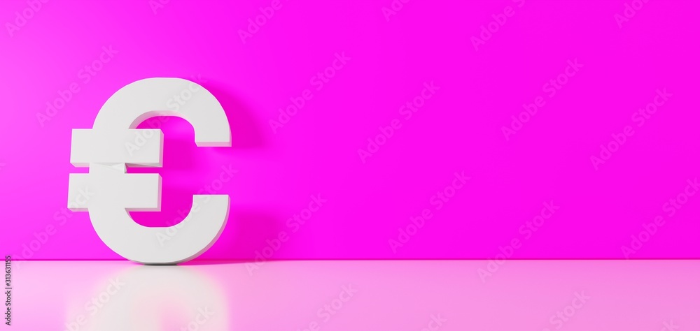 3D rendering of white symbol of euro icon leaning on color wall with floor reflection with empty space on right side 3D rendering of white symbol of euro icon leaning on color wall with floor reflection with empty space on right side