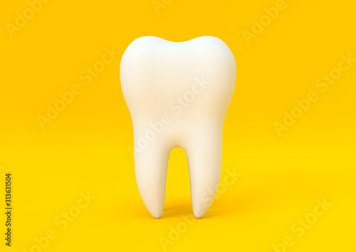 Dental model of premolar tooth on yellow background. Concept of dental examination teeth, dental health and hygiene. 3d rendering illustration photo