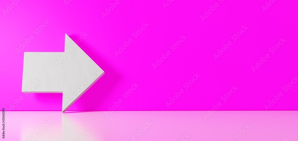 3D rendering of white symbol of forward right arrow button icon leaning on color wall with floor reflection with empty space on right side 3D rendering of white symbol of forward right arrow button icon leaning on color wall with floor reflection with empty space on right side
