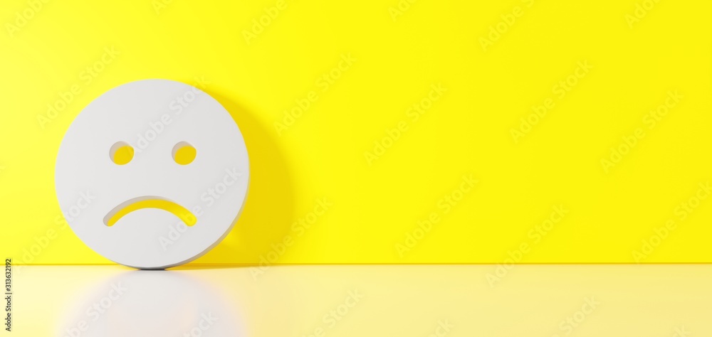 3D rendering of white symbol of frown icon leaning on color wall with floor reflection with empty space on right side