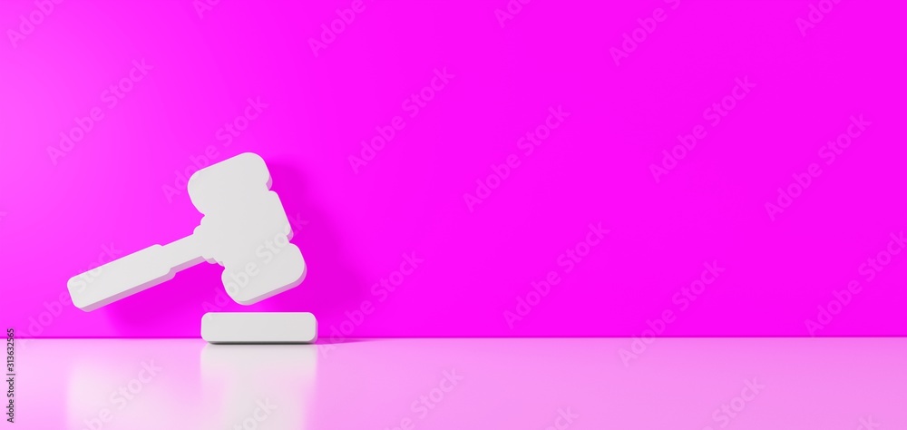 3D rendering of white symbol of hammer icon leaning on color wall with floor reflection with empty space on right side 3D rendering of white symbol of hammer icon leaning on color wall with floor reflection with empty space on right side