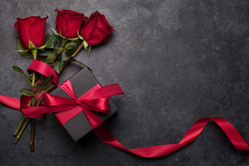 Valentines day gift box and roses bouquet