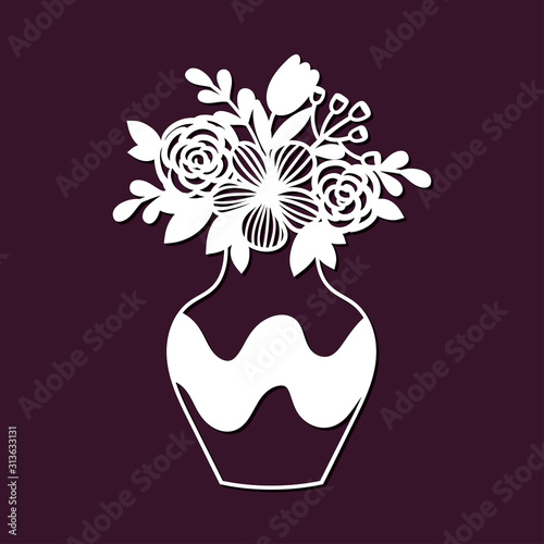 Openwork bouquet of wildflowers in a vase. Template for laser cutting.
