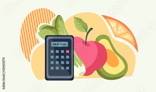 Healthy dieting banner template with with food icons and Calculator for Calories Counting. Nutrition plan for weight control, slimming and health. Flat vector Illustration.