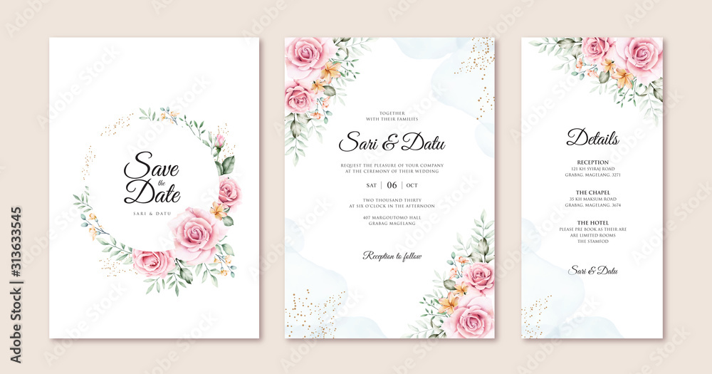 Beautiful wedding card set template with flowers and leaves watercolor