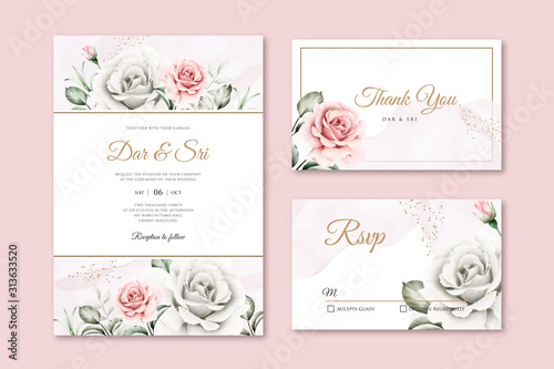 Beautiful wedding card set template with floral garden watercolor