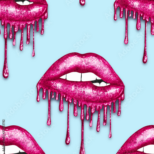 SEAMLESS PATTERN SEXY DRIPPING METALLIC LIPS ON SOLID COLOR BACKGROUND
