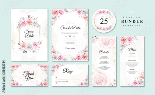 Bundle wedding card template with pretty floral watercolor