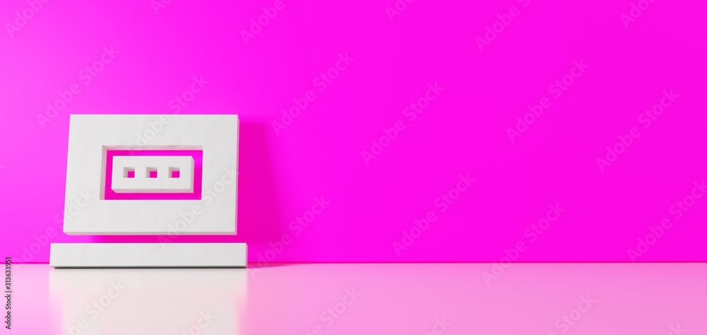3D rendering of white symbol of laptop icon leaning on color wall with floor reflection with empty space on right side 3D rendering of white symbol of laptop icon leaning on color wall with floor reflection with empty space on right side