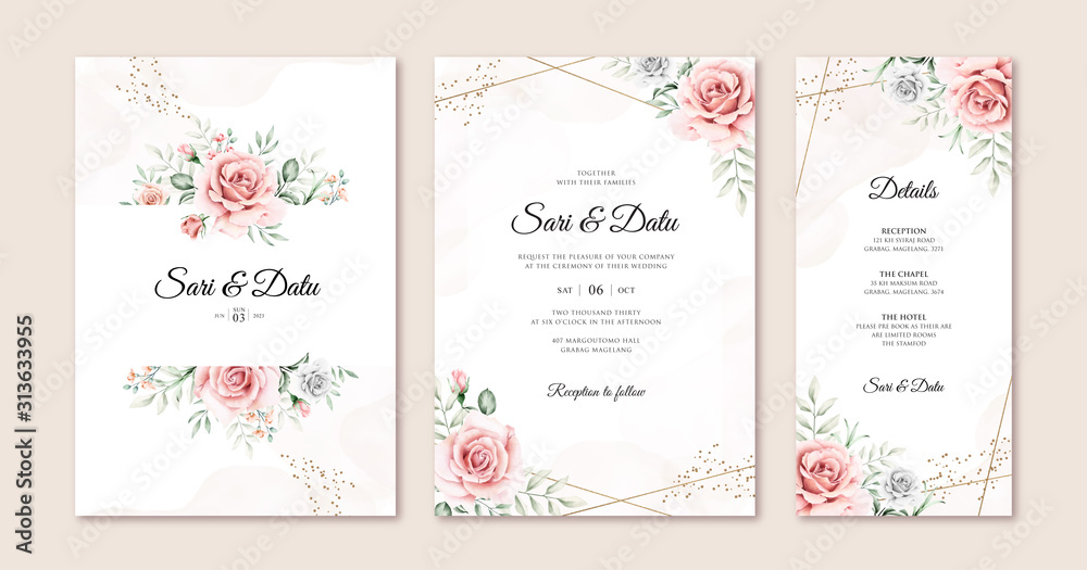 Elegant wedding invitation card set template with beautiful flowers and leave watercolor