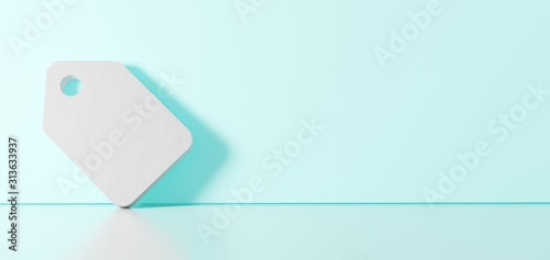 3D rendering of white symbol of label icon leaning on color wall with floor reflection with empty space on right side