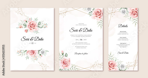 Elegant wedding invitation card set template with beautiful flowers and leave watercolor