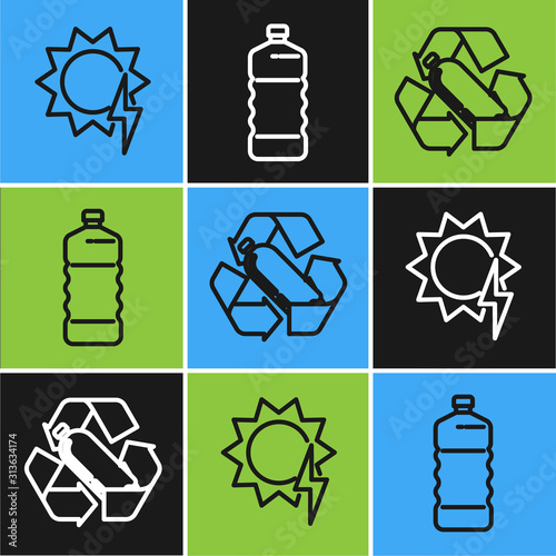 Set line Solar energy panel, Recycling plastic bottle and Plastic bottle icon. Vector