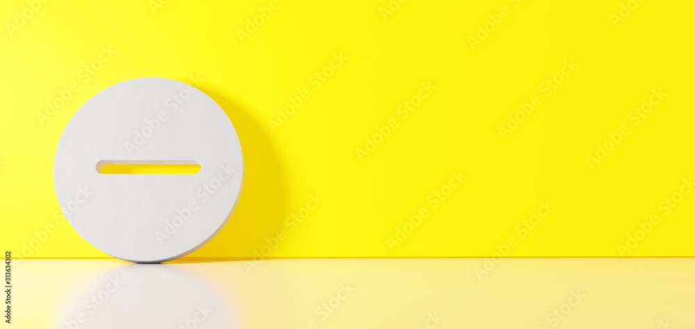 3D rendering of white symbol of minus icon leaning on color wall with floor reflection with empty space on right side 3D rendering of white symbol of minus icon leaning on color wall with floor reflection with empty space on right side
