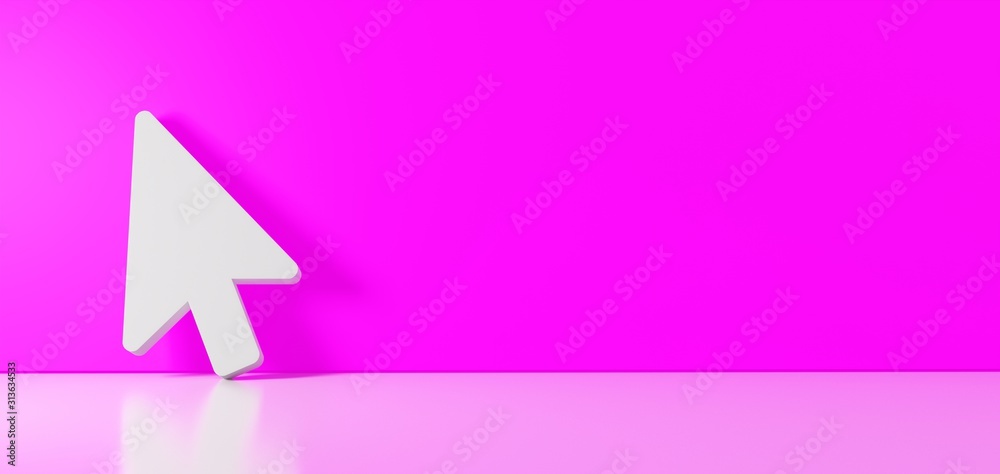3D rendering of white symbol of mouse pointer icon leaning on color wall with floor reflection with empty space on right side 3D rendering of white symbol of mouse pointer icon leaning on color wall with floor reflection with empty space on right side