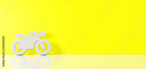 3D rendering of white symbol of motorcycle icon leaning on color wall with floor reflection with empty space on right side