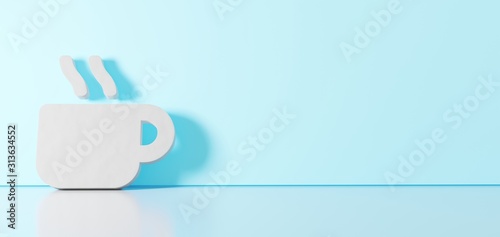 3D rendering of white symbol of mug hot icon leaning on color wall with floor reflection with empty space on right side