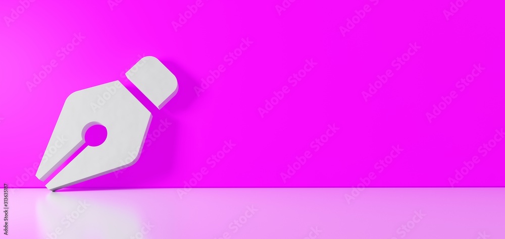 3D rendering of white symbol of pen nib icon leaning on color wall with floor reflection with empty space on right side 3D rendering of white symbol of pen nib icon leaning on color wall with floor reflection with empty space on right side