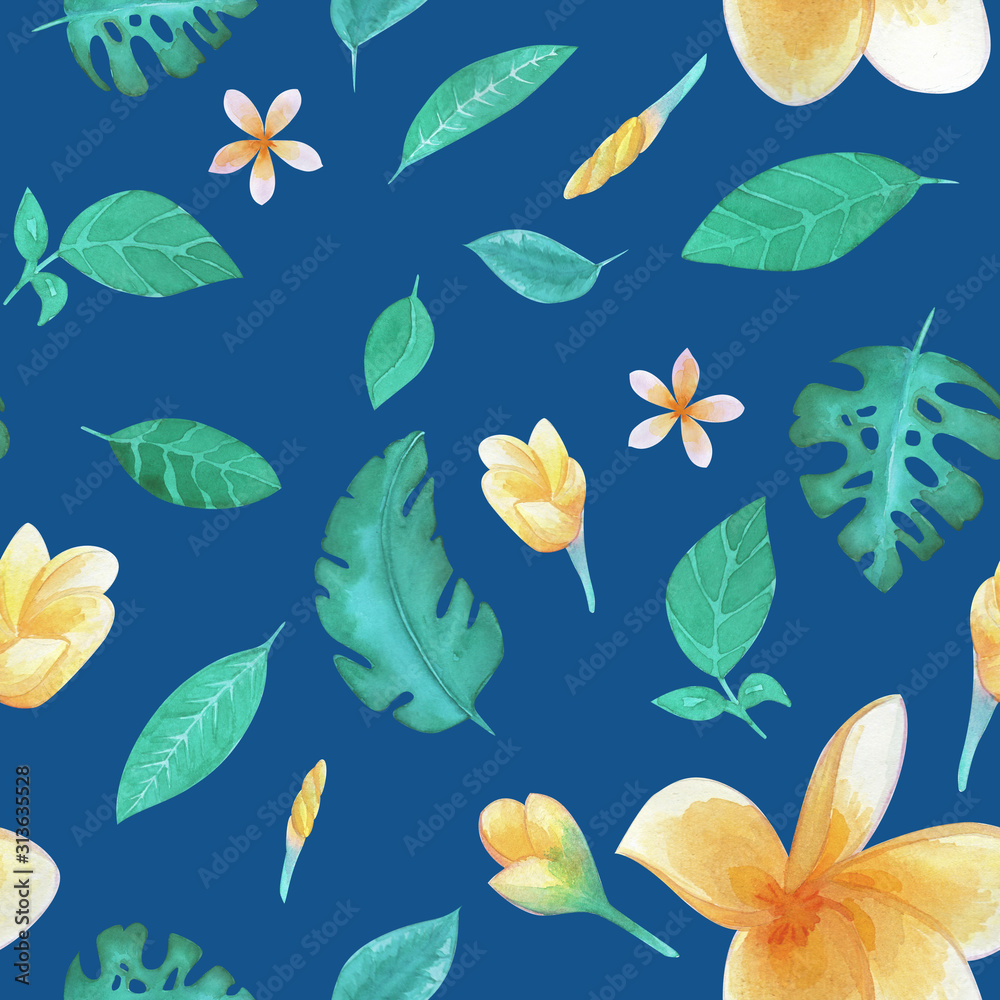Seamless pattern with spring tropic flowers and leaves. Hand drawn background. floral pattern for wallpaper or fabric. plumeria frangipani. 