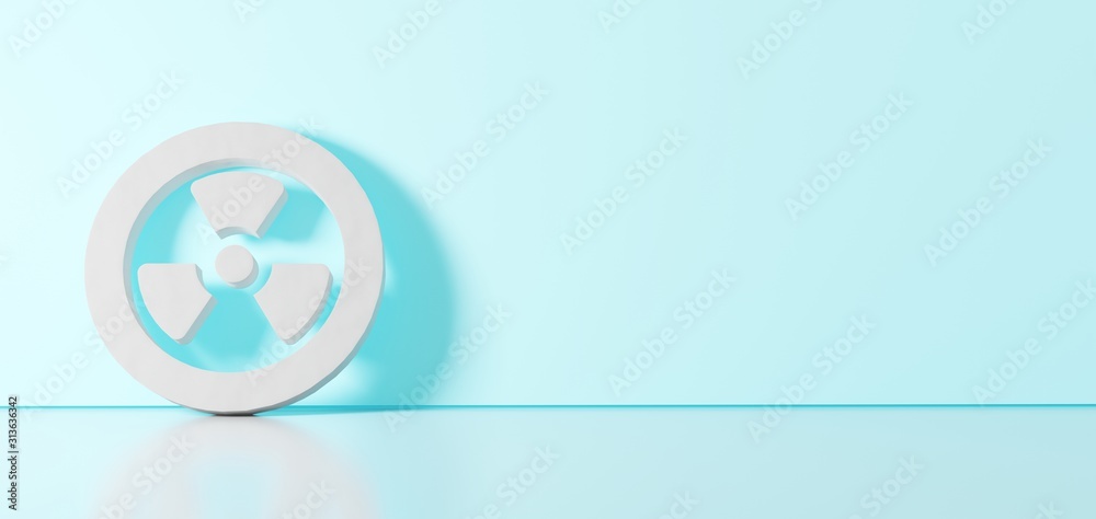 3D rendering of white symbol of radiation icon leaning on color wall with floor reflection with empty space on right side 3D rendering of white symbol of radiation icon leaning on color wall with floor reflection with empty space on right side