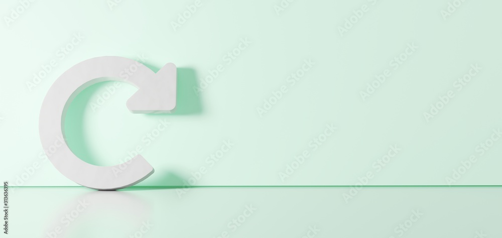 3D rendering of white symbol of redo  icon leaning on color wall with floor reflection with empty space on right side