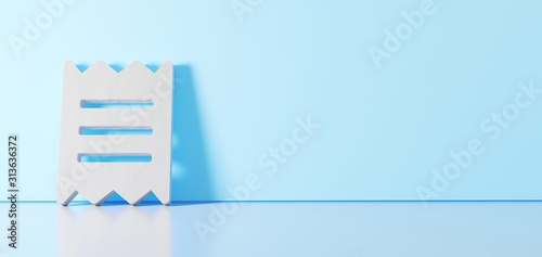 3D rendering of white symbol of receipt icon leaning on color wall with floor reflection with empty space on right side