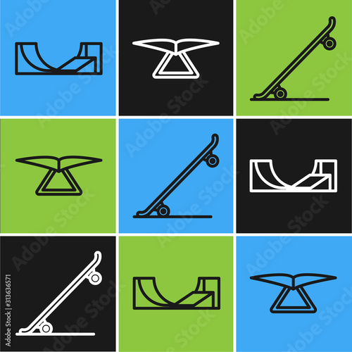 Set line Skate park, Skateboard and Hang glider icon. Vector