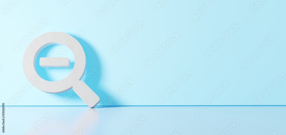 3D rendering of white symbol of search minus icon leaning on color wall with floor reflection with empty space on right side 3D rendering of white symbol of search minus icon leaning on color wall with floor reflection with empty space on right side