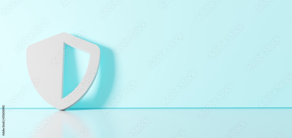3D rendering of white symbol of shield icon leaning on color wall with floor reflection with empty space on right side 3D rendering of white symbol of shield icon leaning on color wall with floor reflection with empty space on right side
