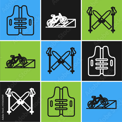 Set line Life jacket, Ski and sticks and Bicycle on street ramp icon. Vector