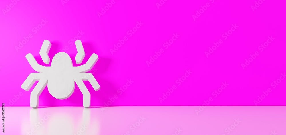 3D rendering of white symbol of spider icon leaning on color wall with floor reflection with empty space on right side