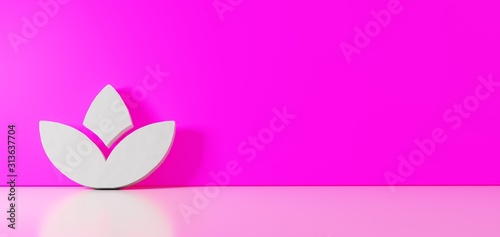 3D rendering of white symbol of spa icon leaning on color wall with floor reflection with empty space on right side