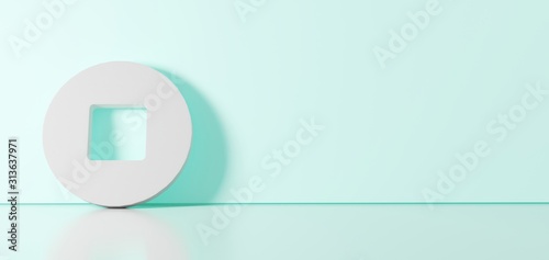 3D rendering of white symbol of stop circle icon leaning on color wall with floor reflection with empty space on right side